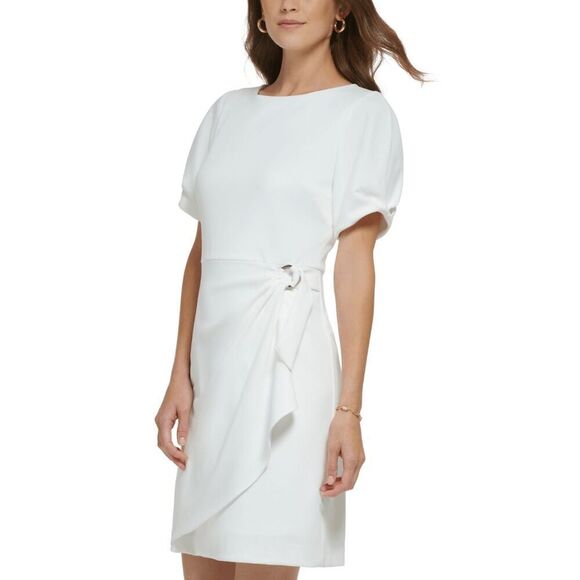 DKNY Women's Puff-Sleeve D-Ring Fit & Flare Dress - Ivory 16 - Picture 7 of 8